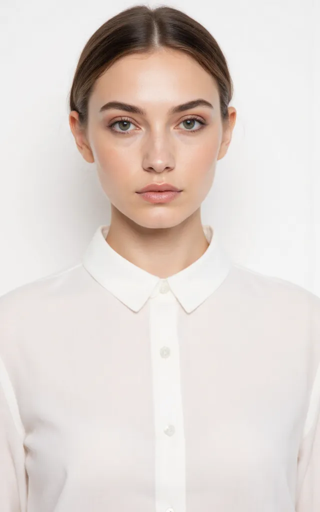 A French female model with an Evening makeup style, wearing a shirt, against a white background, in a front   facing bust portrait
